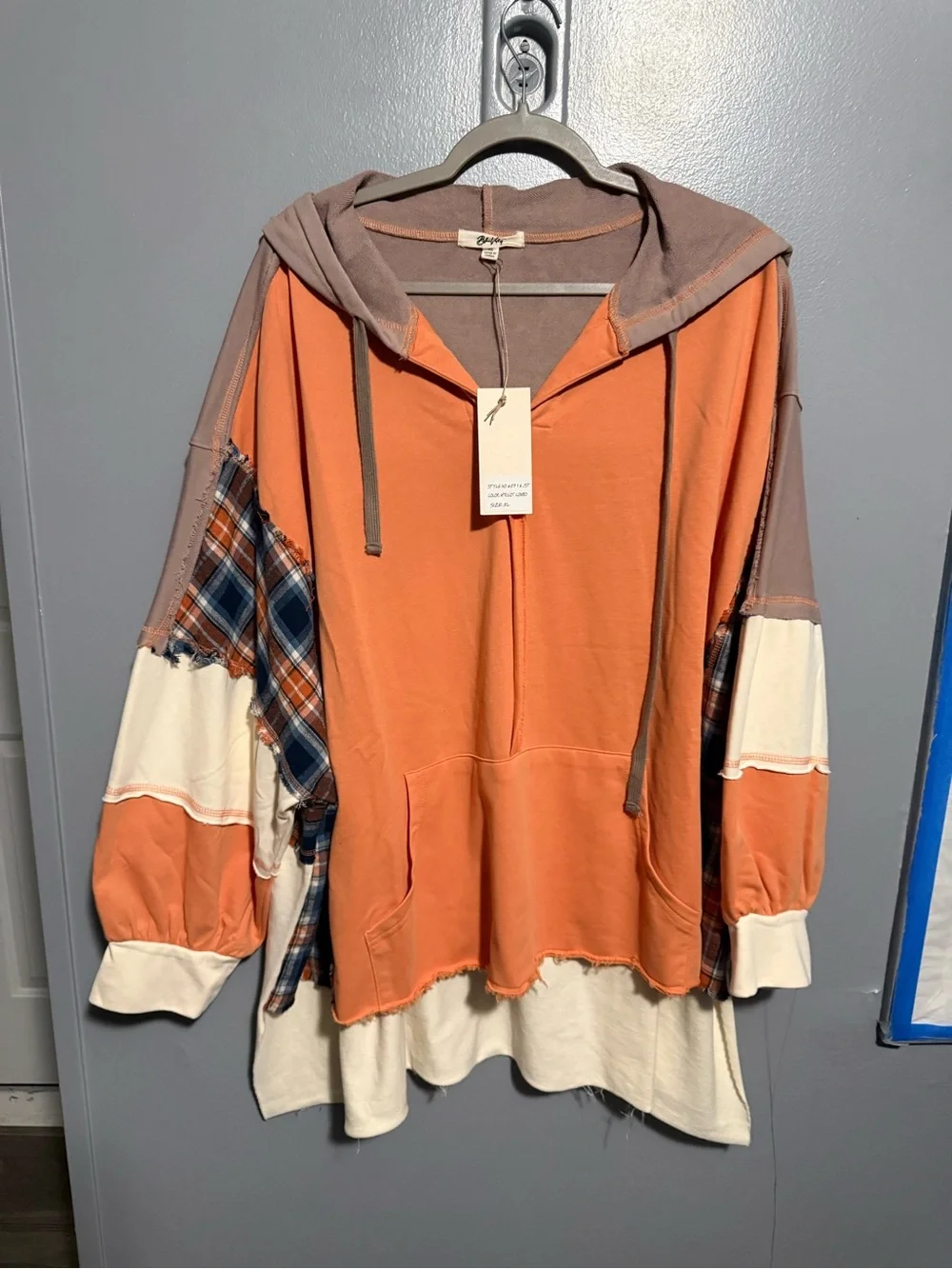 Blue Velvet Plaid Hooded Pullover Top - Orange & Cream XL Oversized